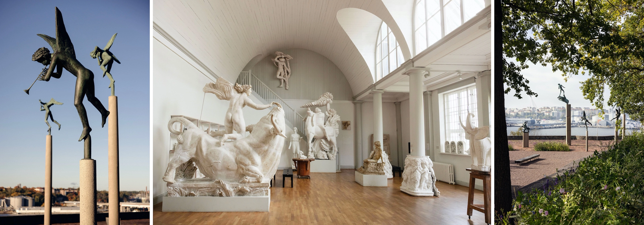 Skulptur i parken, vy över parken, interiörbilder från konstnärshemmet