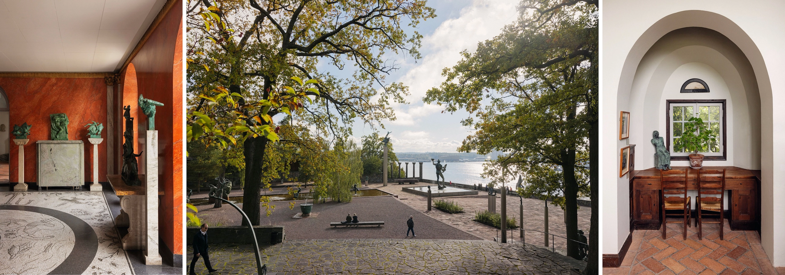 Skulptur i parken, vy över parken, interiörbilder från konstnärshemmet