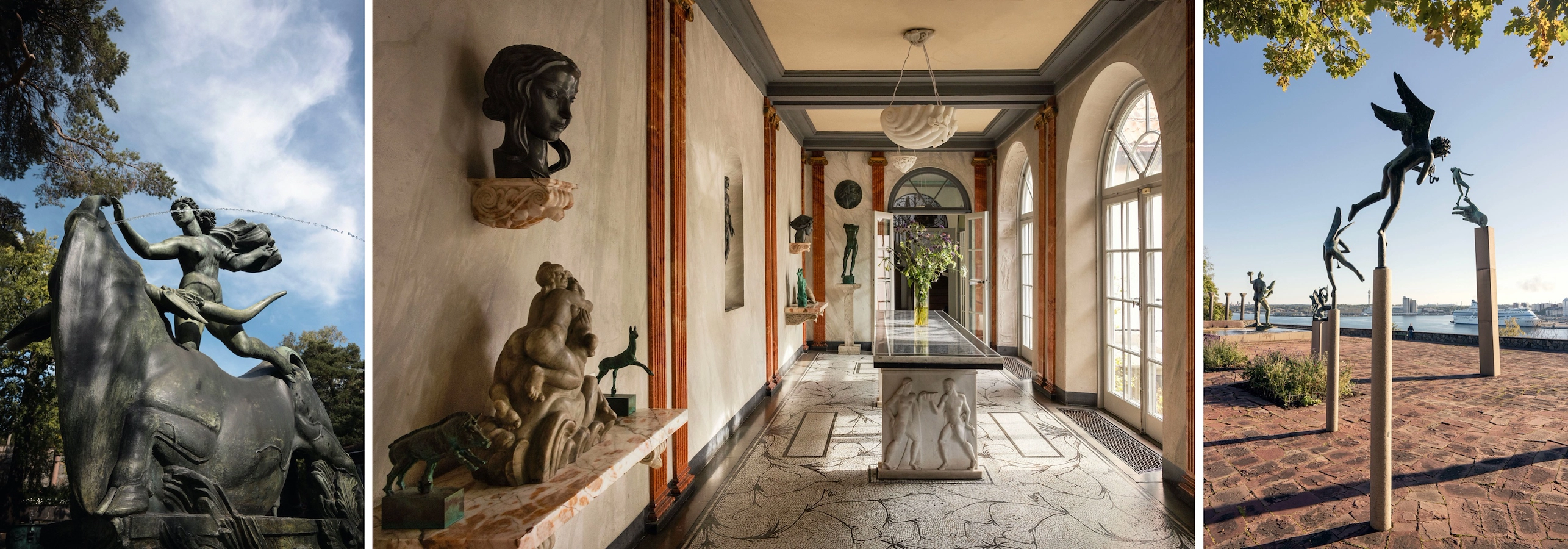 Skulptur i parken, vy över parken, interiörbilder från konstnärshemmet